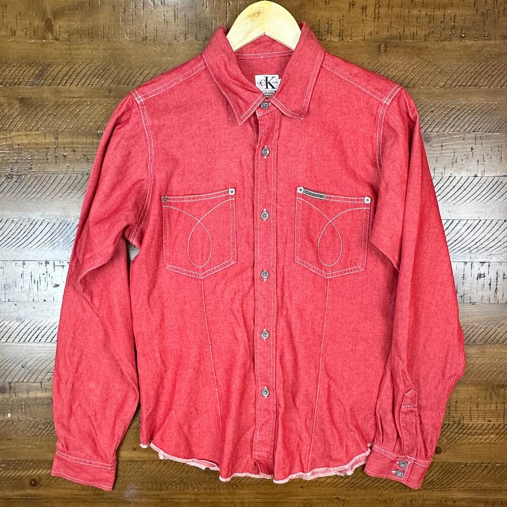 Calvin Klein Vintage Men's Button Down Casual Shirt Red Long Sleeves Size L